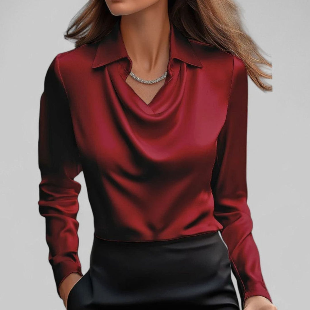 Women's Draped-Neck Long-Sleeve Satin Blouses Collared Top - Red