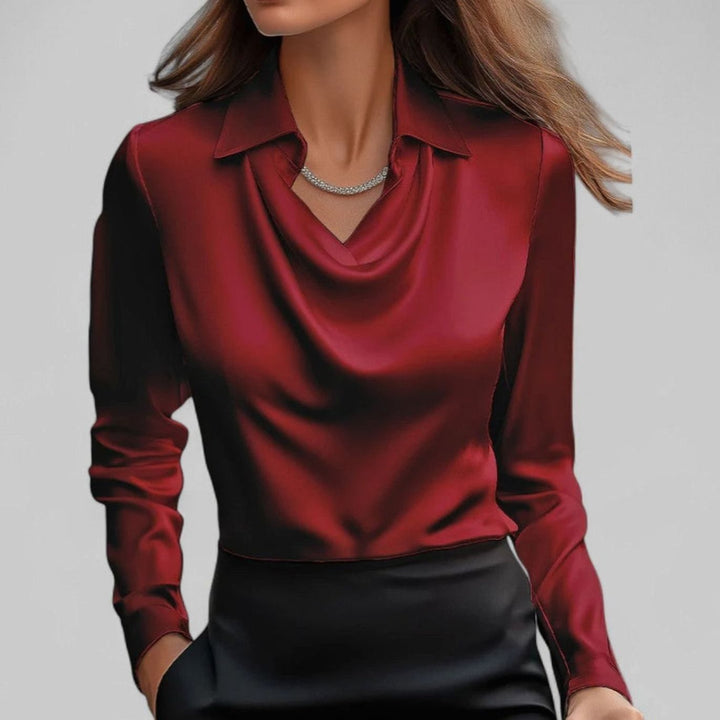Women's Draped-Neck Long-Sleeve Satin Blouses Collared Top - Red