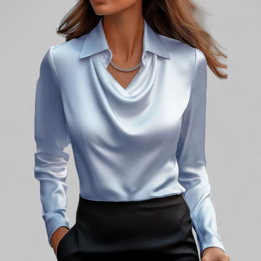 Women's Draped-Neck Long-Sleeve Satin Blouses Collared Top - Blue