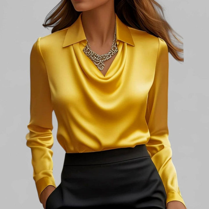 Women's Draped-Neck Long-Sleeve Satin Blouses Collared Top - Yellow
