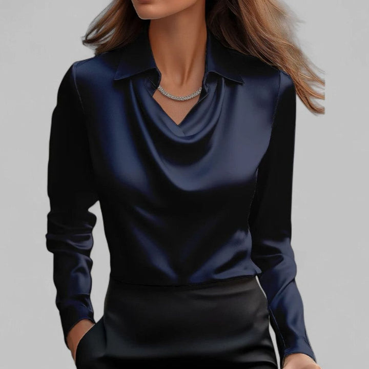 Women's Draped-Neck Long-Sleeve Satin Blouses Collared Top - Navy Blue