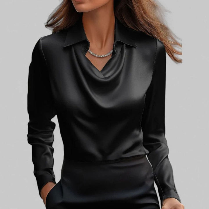 Women's Draped-Neck Long-Sleeve Satin Blouses Collared Top - Black