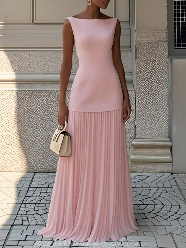 Women's Dress Sleeveless Boat-Neck Pleated Chiffon Maxi Gown - Pink