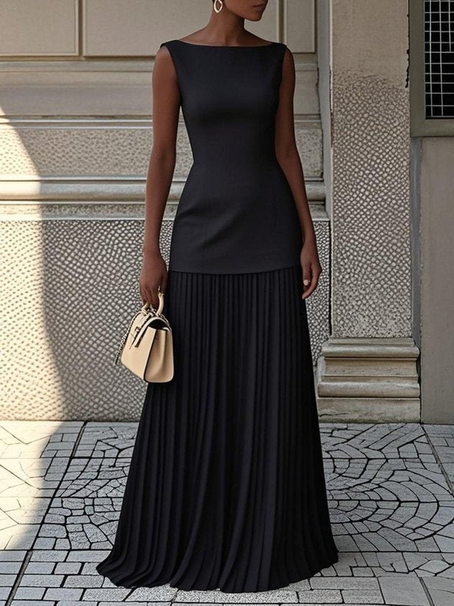 Women's Dress Sleeveless Boat-Neck Pleated Chiffon Maxi Gown - Black