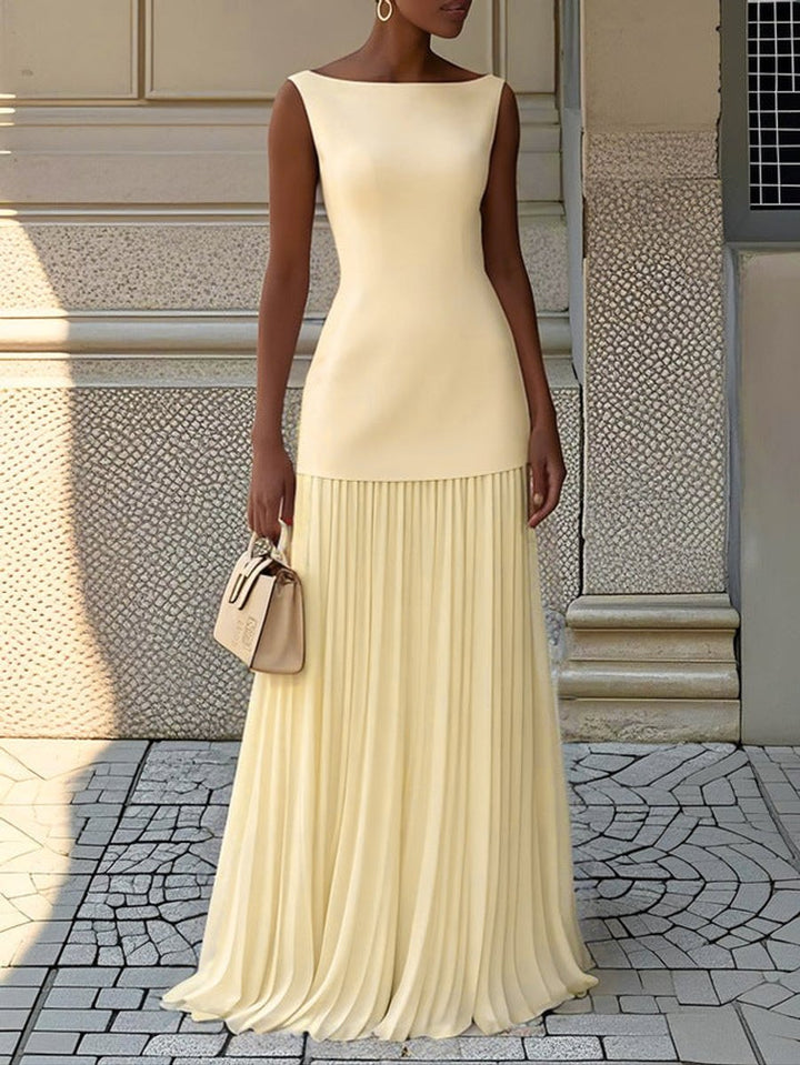 Women's Dress Sleeveless Boat-Neck Pleated Chiffon Maxi Gown - Yellow
