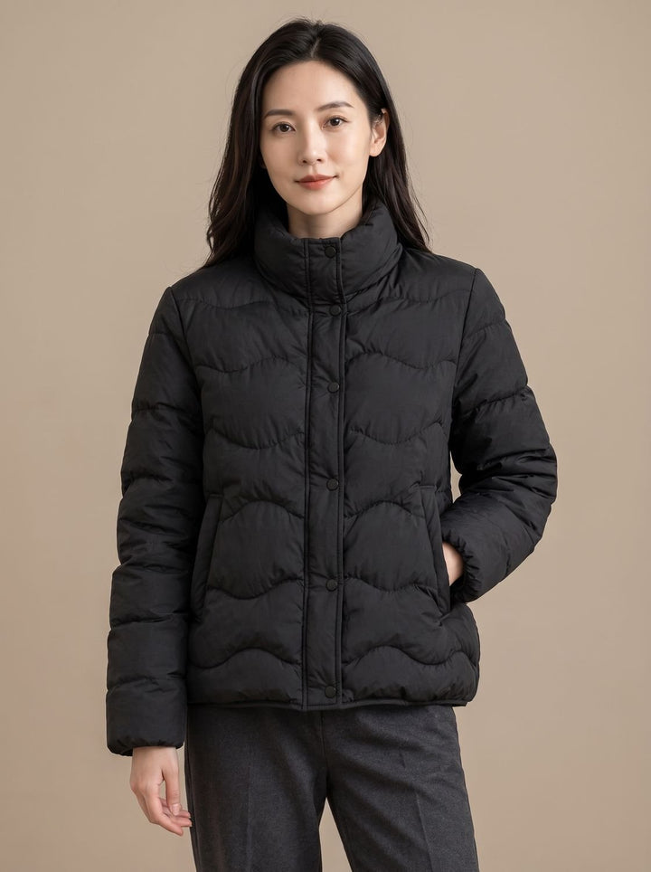 Women's Duck-Down Quilted Puffer Jacket Stand Collar Snap-Front - Black