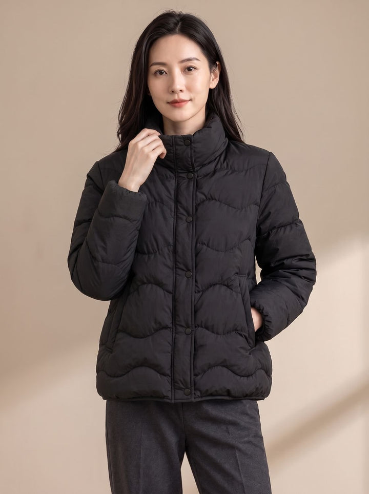 Women's Duck-Down Quilted Puffer Jacket Stand Collar Snap-Front