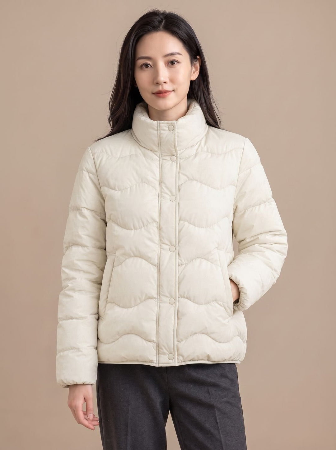 Women's Duck-Down Quilted Puffer Jacket Stand Collar Snap-Front - Milky White