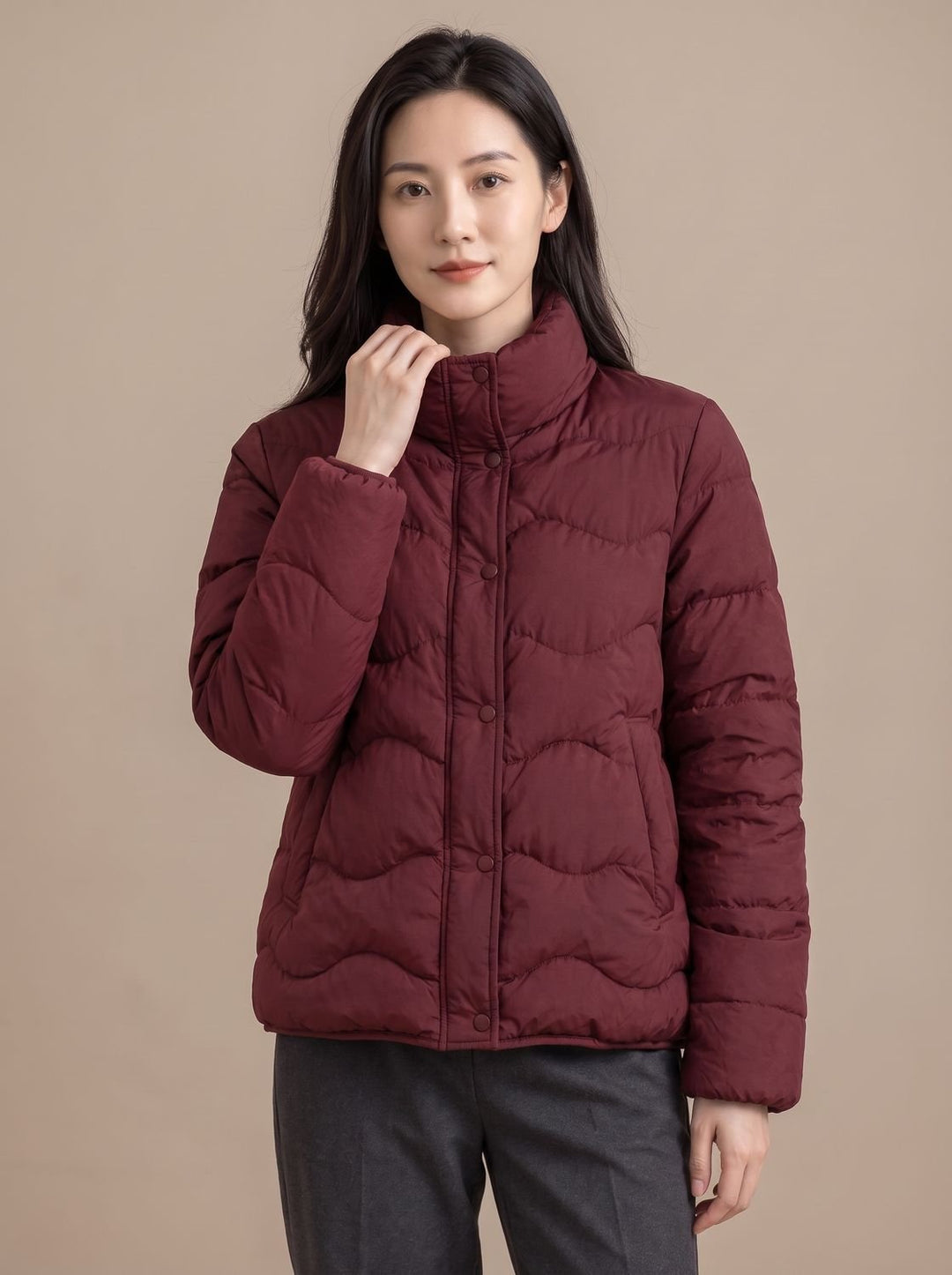 Women's Duck-Down Quilted Puffer Jacket Stand Collar Snap-Front - Angora Red