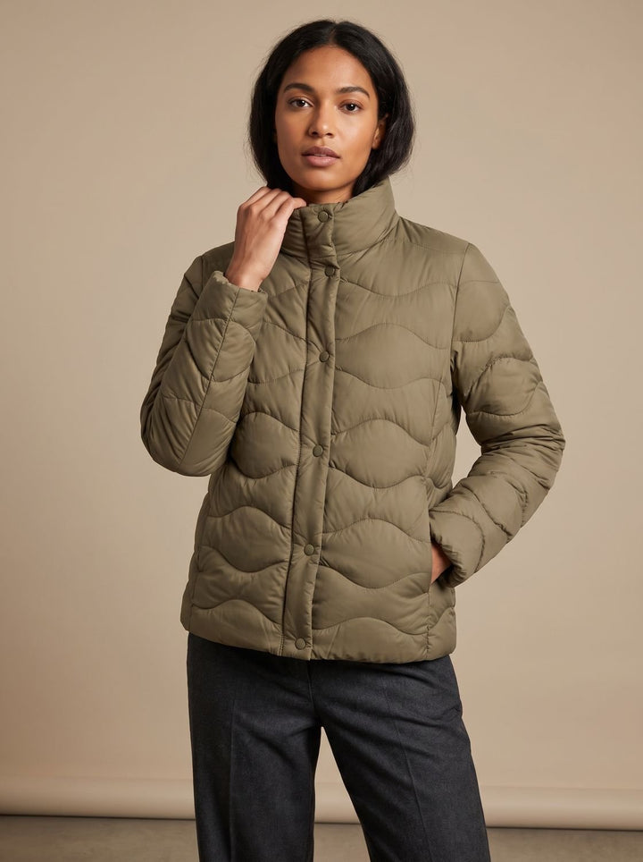Women's Duck-Down Quilted Puffer Jacket Stand Collar Snap-Front - Beige