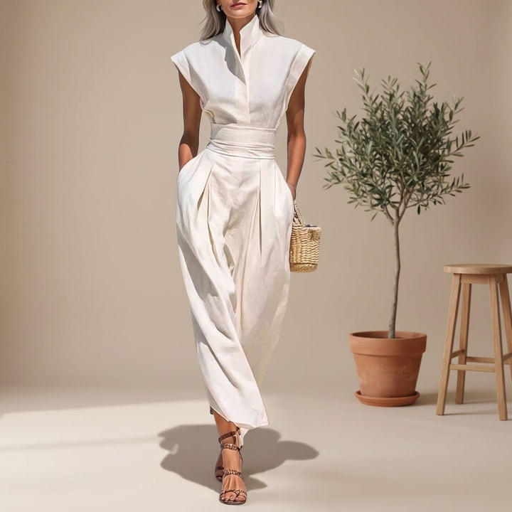 Women's Elegant Cap-Sleeve High-Neck Wide-Leg Jumpsuit - White
