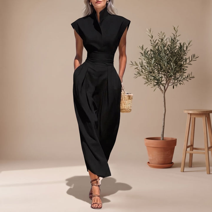 Women's Elegant Cap-Sleeve High-Neck Wide-Leg Jumpsuit - Black