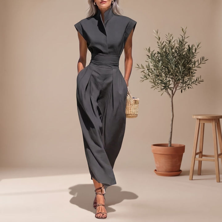 Women's Elegant Cap-Sleeve High-Neck Wide-Leg Jumpsuit - Gray
