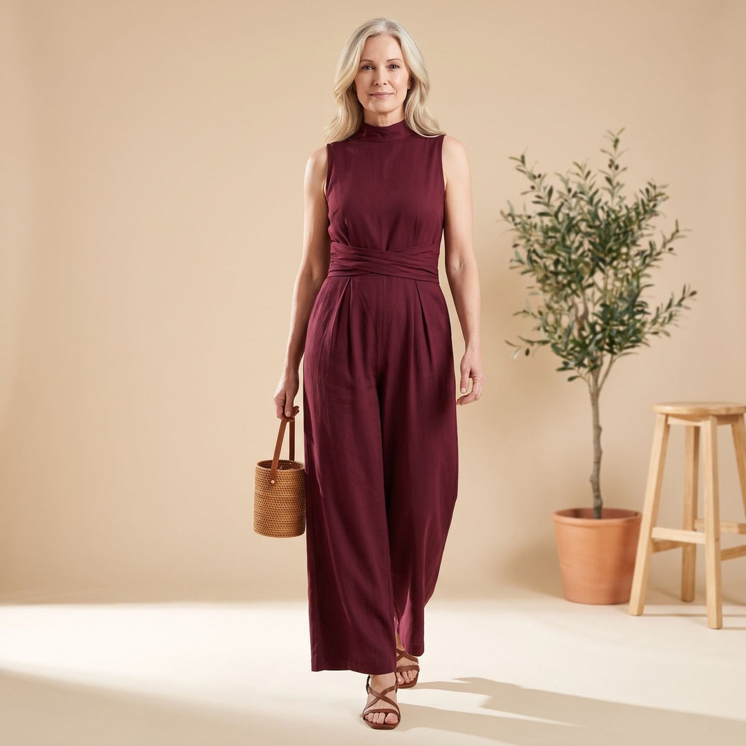 Women's Elegant Cap-Sleeve High-Neck Wide-Leg Jumpsuit - Burgundy