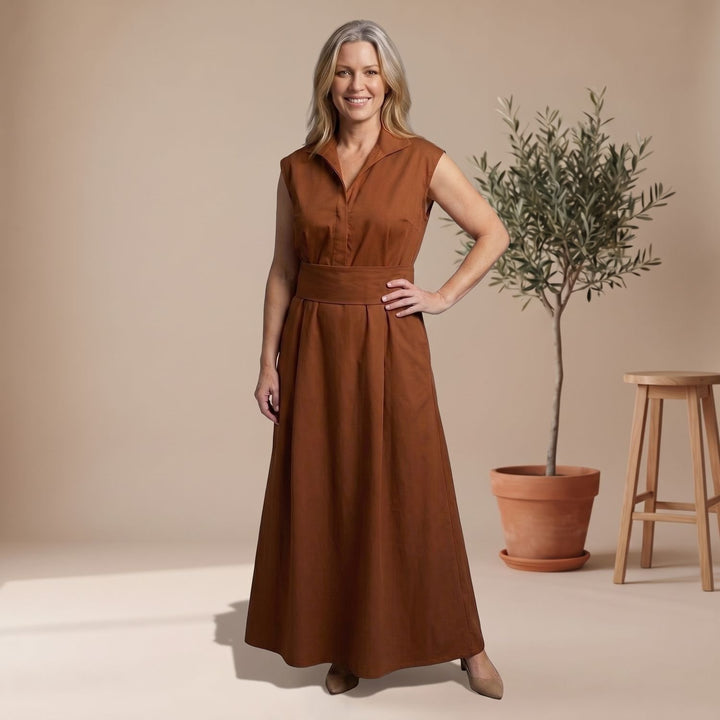Women's Elegant Cap-Sleeve High-Neck Wide-Leg Jumpsuit - Coffee Brown