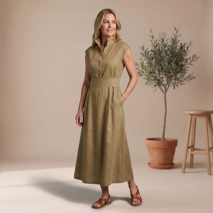 Women's Elegant Cap-Sleeve High-Neck Wide-Leg Jumpsuit - Green