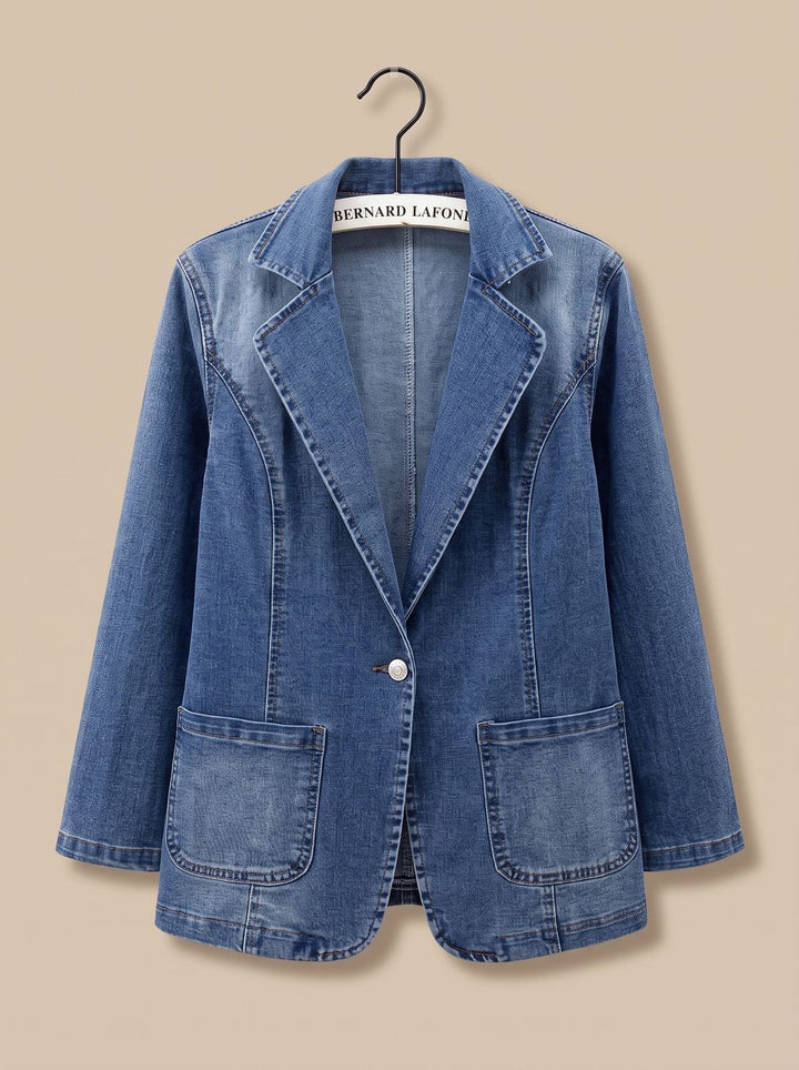 Women's Elegant Denim Blazer Jacket Notched-Lapel Straight Cut