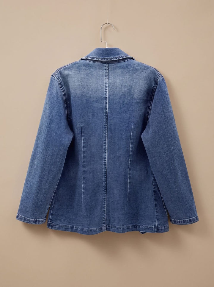 Women's Elegant Denim Blazer Jacket Notched-Lapel Straight Cut
