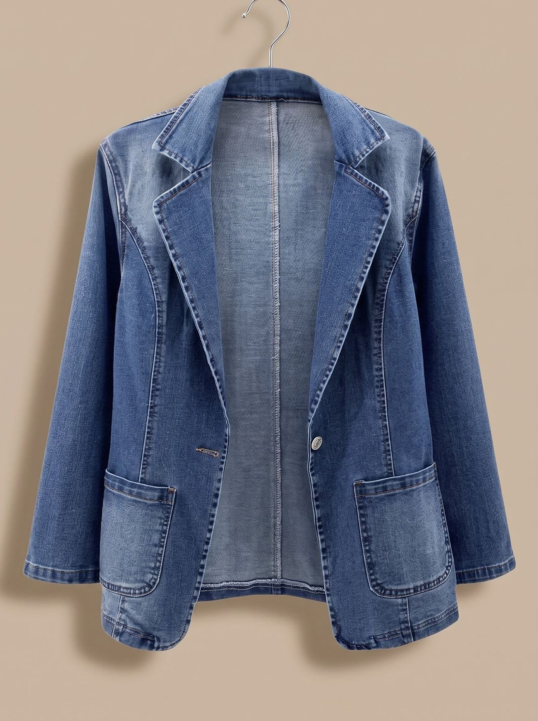 Women's Elegant Denim Blazer Jacket Notched-Lapel Straight Cut - Denim Blue