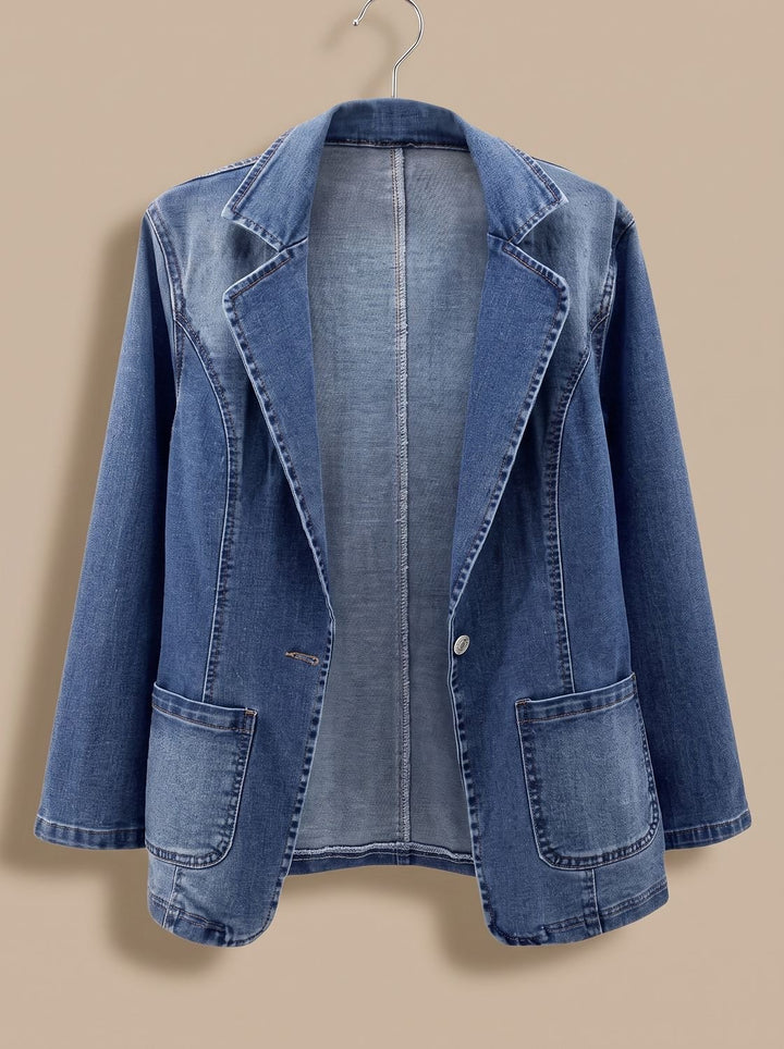 Women's Elegant Denim Blazer Jacket Notched-Lapel Straight Cut - Denim Blue