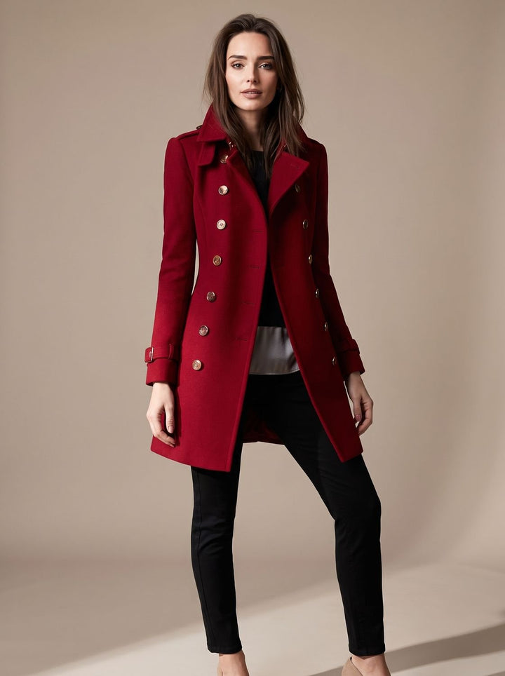 Women's Elegant Double-Breasted Winter Wool Coat - Red