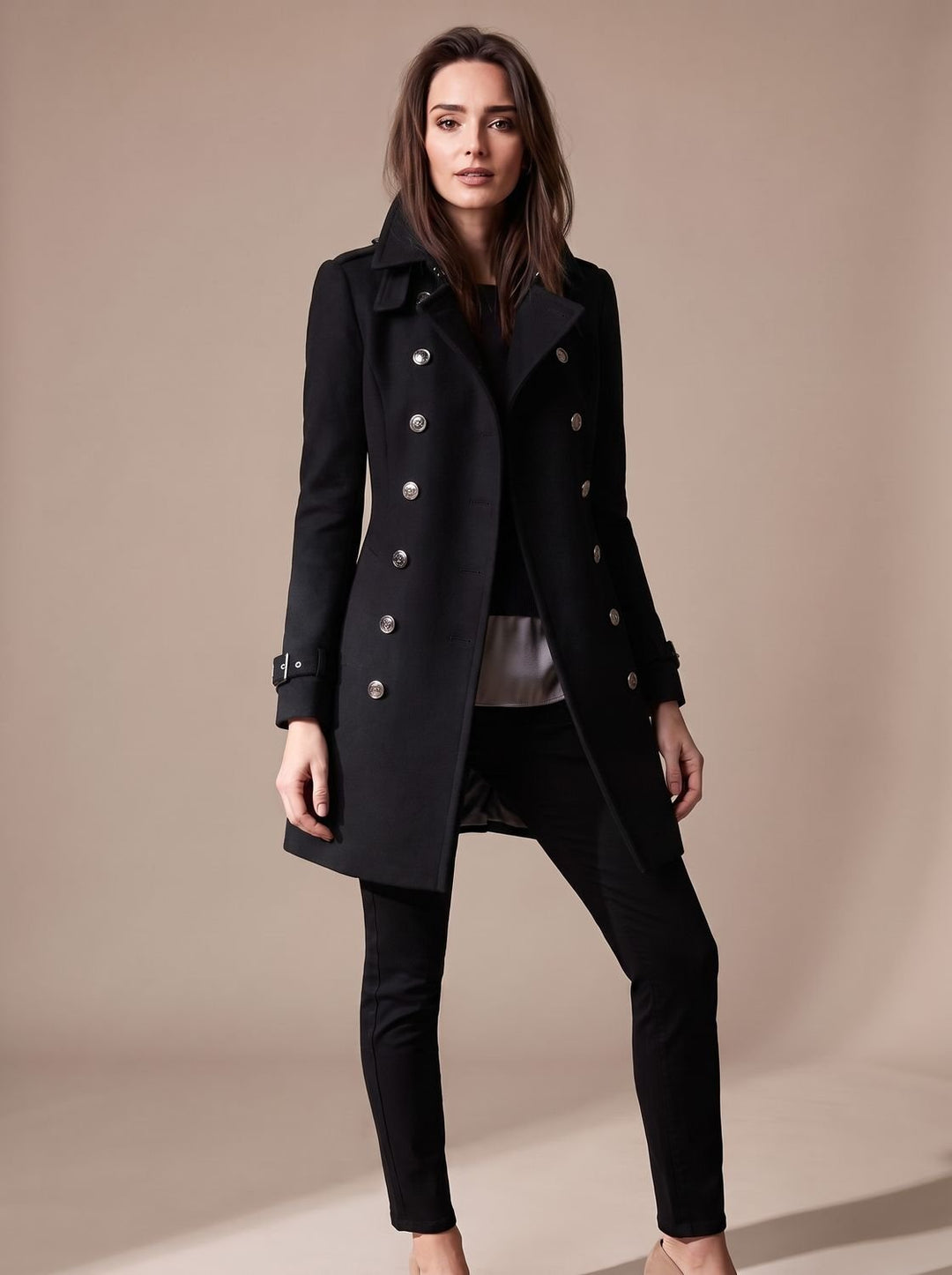 Women's Elegant Double-Breasted Winter Wool Coat - Black