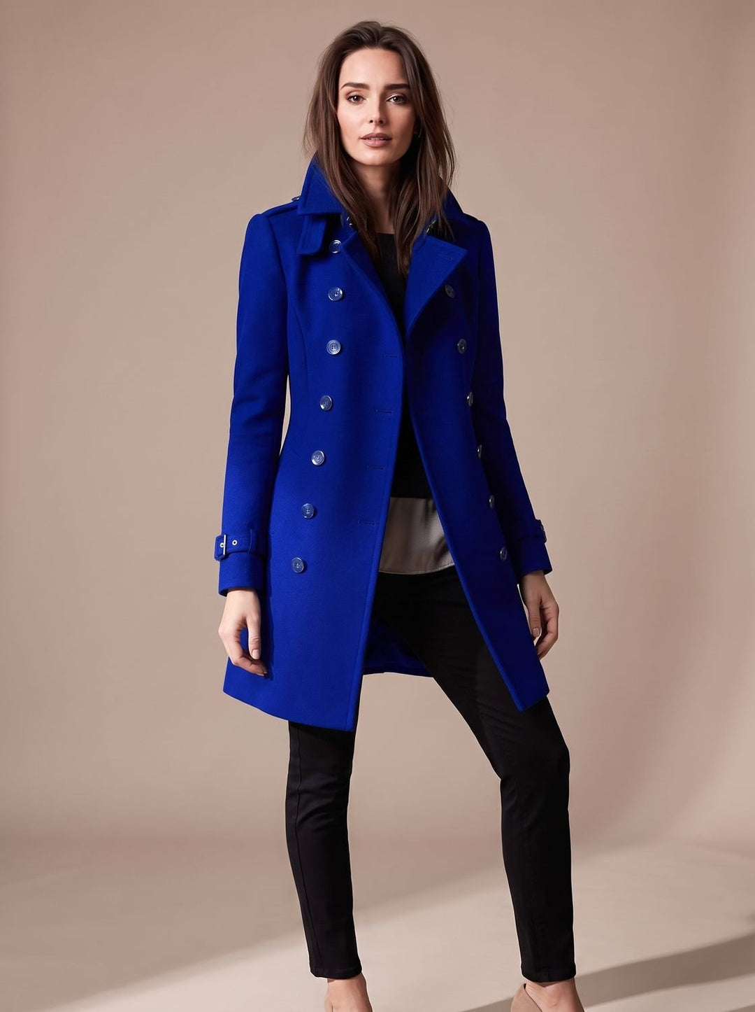 Women's Elegant Double-Breasted Winter Wool Coat - Blue