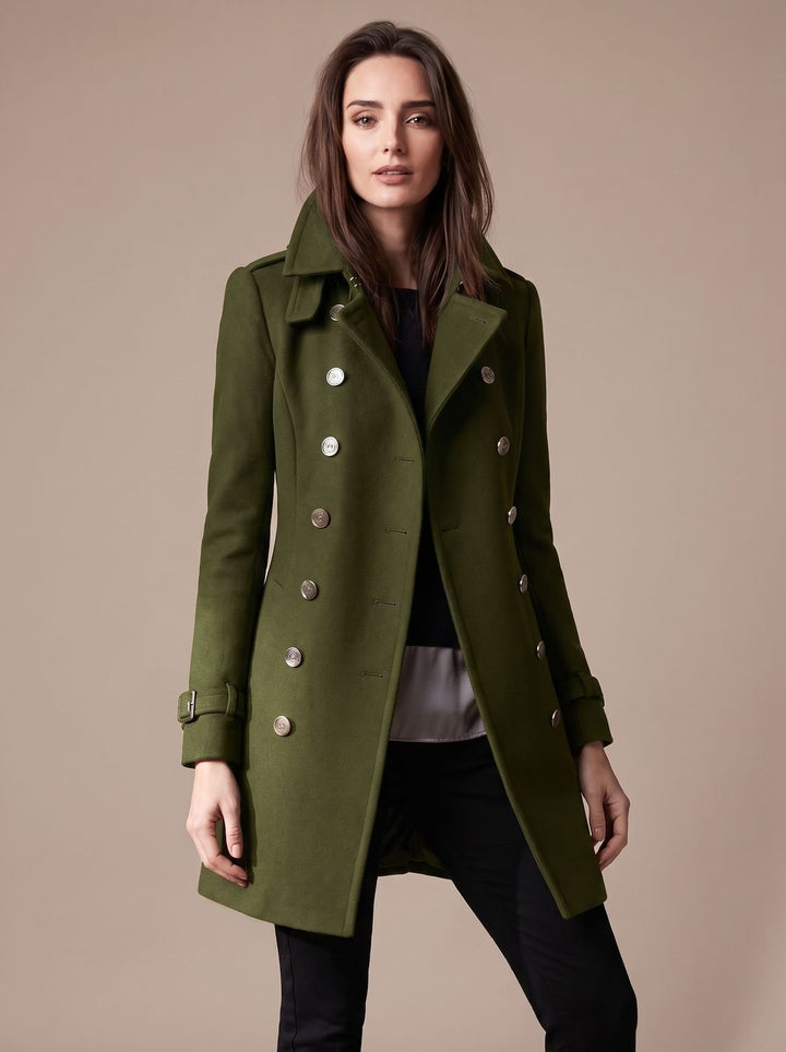 Women's Elegant Double-Breasted Winter Wool Coat - Green