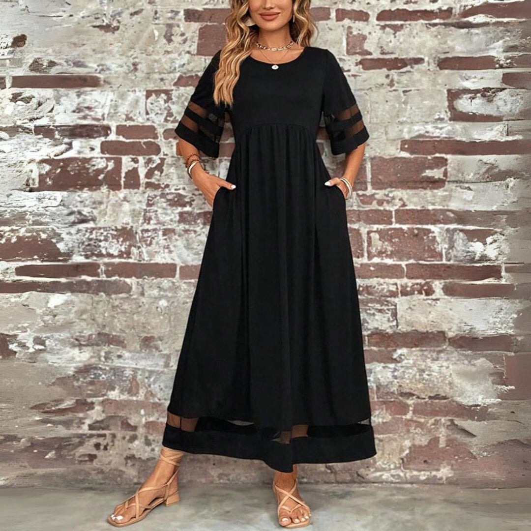 Women's Elegant Dress Empire-Waist Mesh-Trim Midi Swing Dress