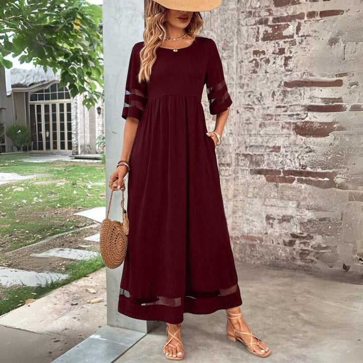 Women's Elegant Dress Empire-Waist Mesh-Trim Midi Swing Dress - Red