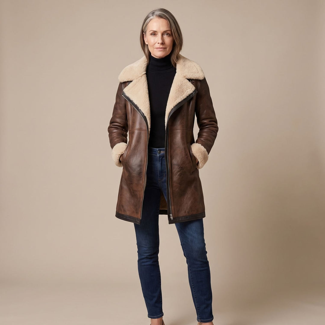 Women's Elegant Faux Fur Coat Shearling-Lined Leather Jacket - Brown