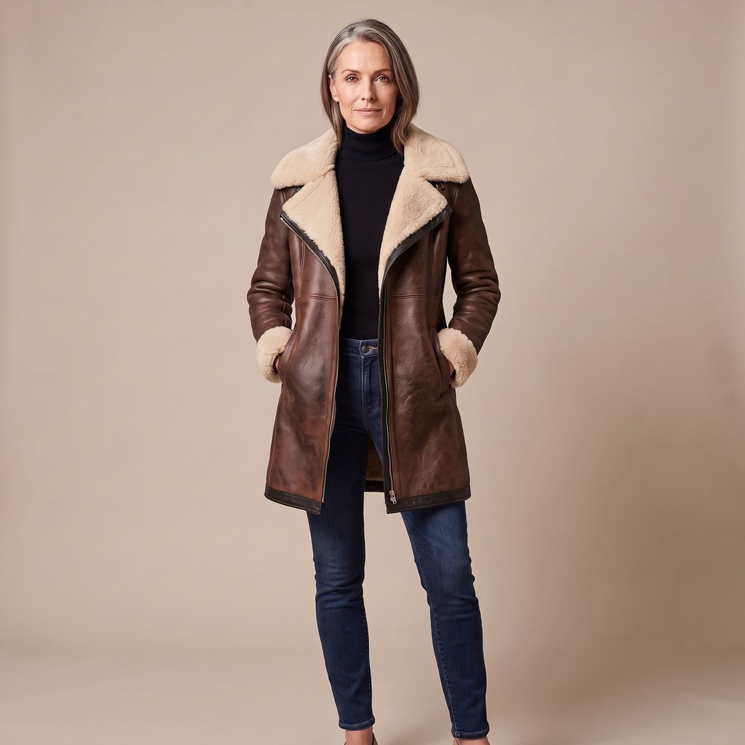 Women's Elegant Faux Fur Coat Shearling-Lined Leather Jacket