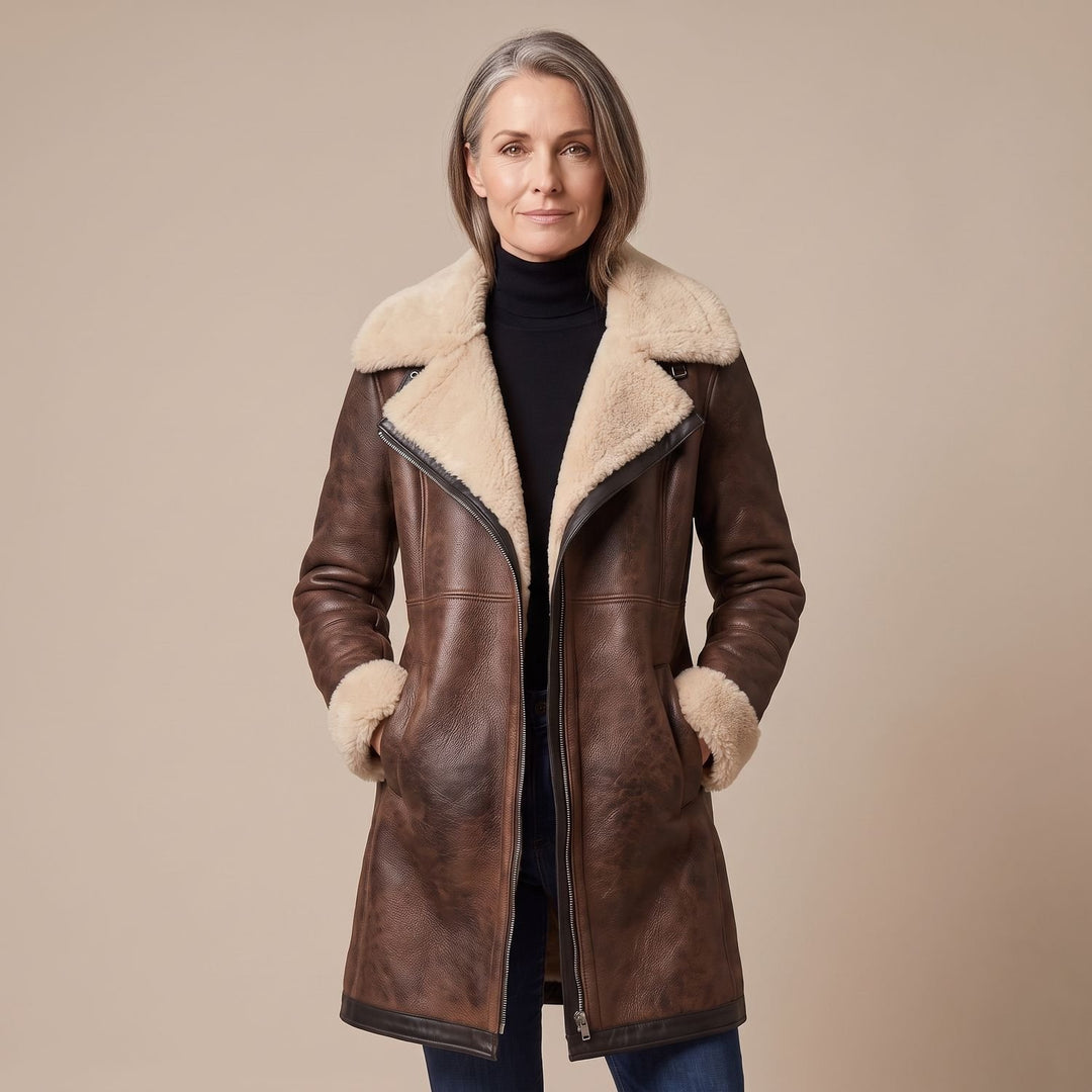 Women's Elegant Faux Fur Coat Shearling-Lined Leather Jacket