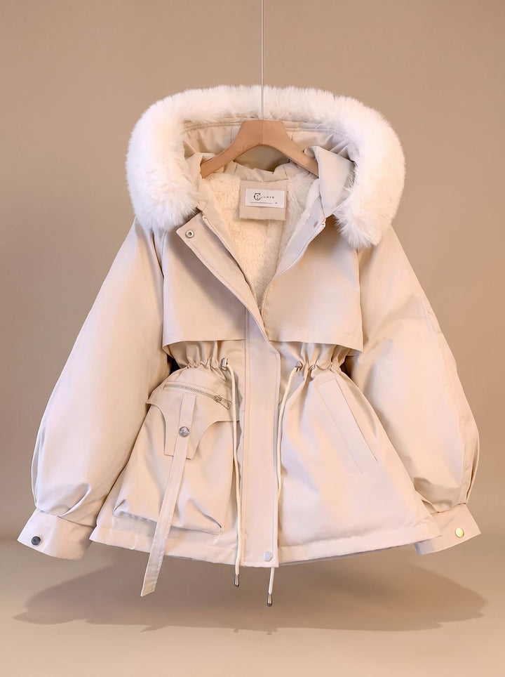 Women's Elegant Faux-Fur Hooded Drawstring Parka Jacket - White