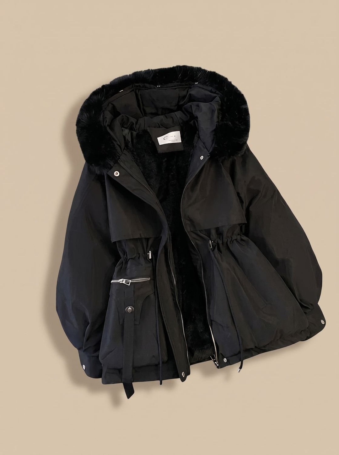 Women's Elegant Faux-Fur Hooded Drawstring Parka Jacket - Black