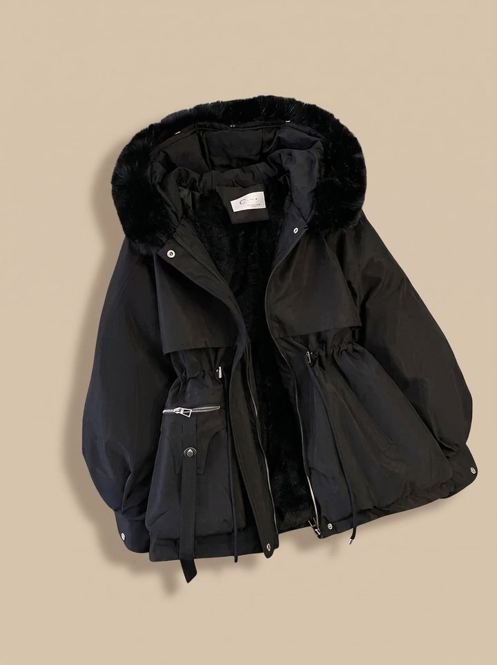Women's Elegant Faux-Fur Hooded Drawstring Parka Jacket - Black