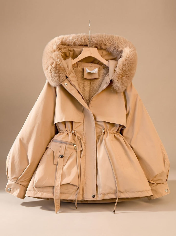 Women's Elegant Faux-Fur Hooded Drawstring Parka Jacket - Khaki