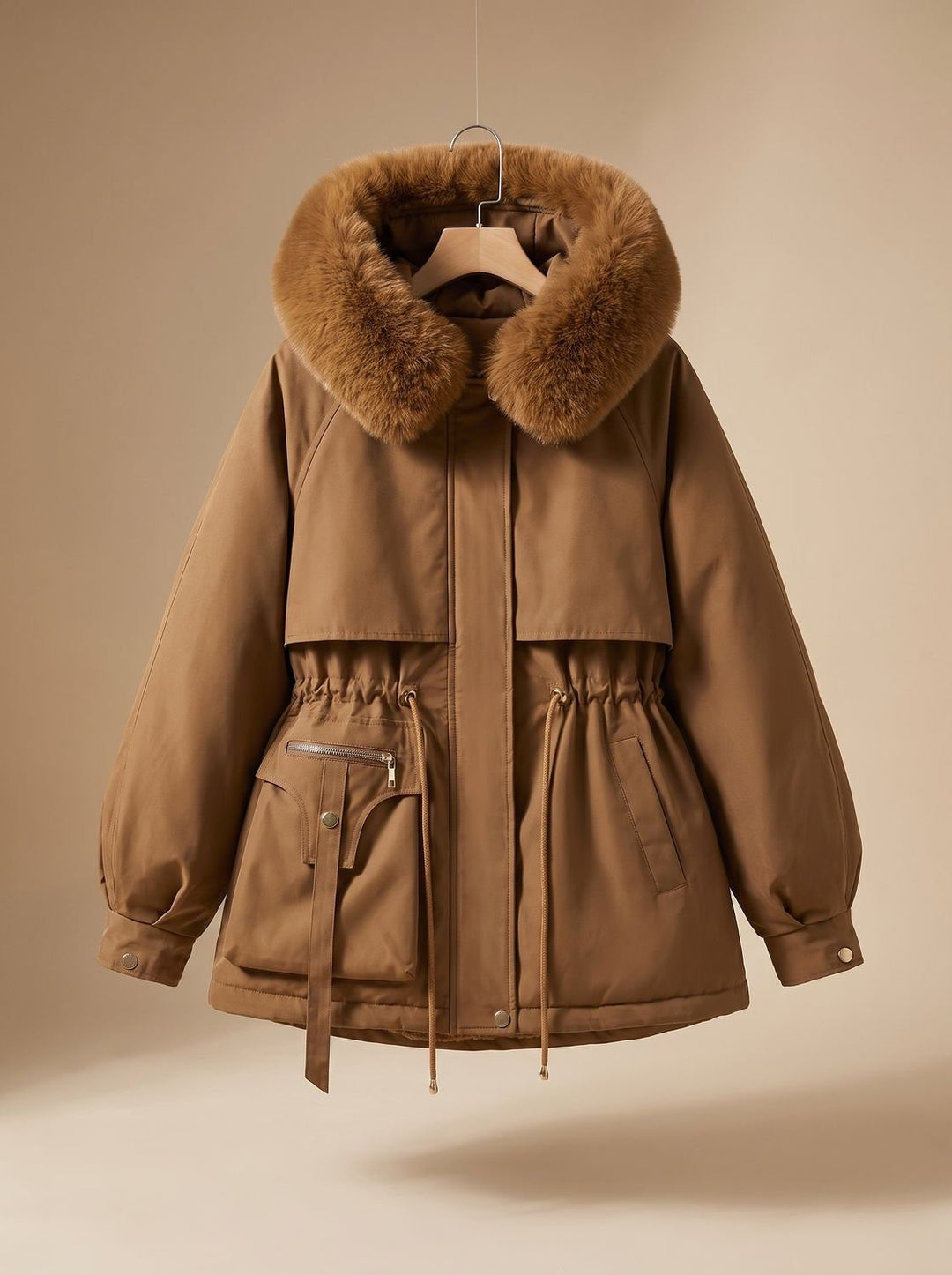 Women's Elegant Faux-Fur Hooded Drawstring Parka Jacket - Brown