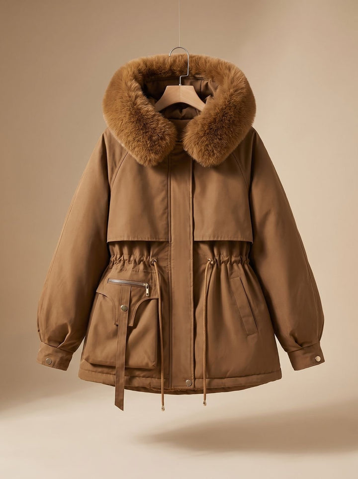 Women's Elegant Faux-Fur Hooded Drawstring Parka Jacket - Brown