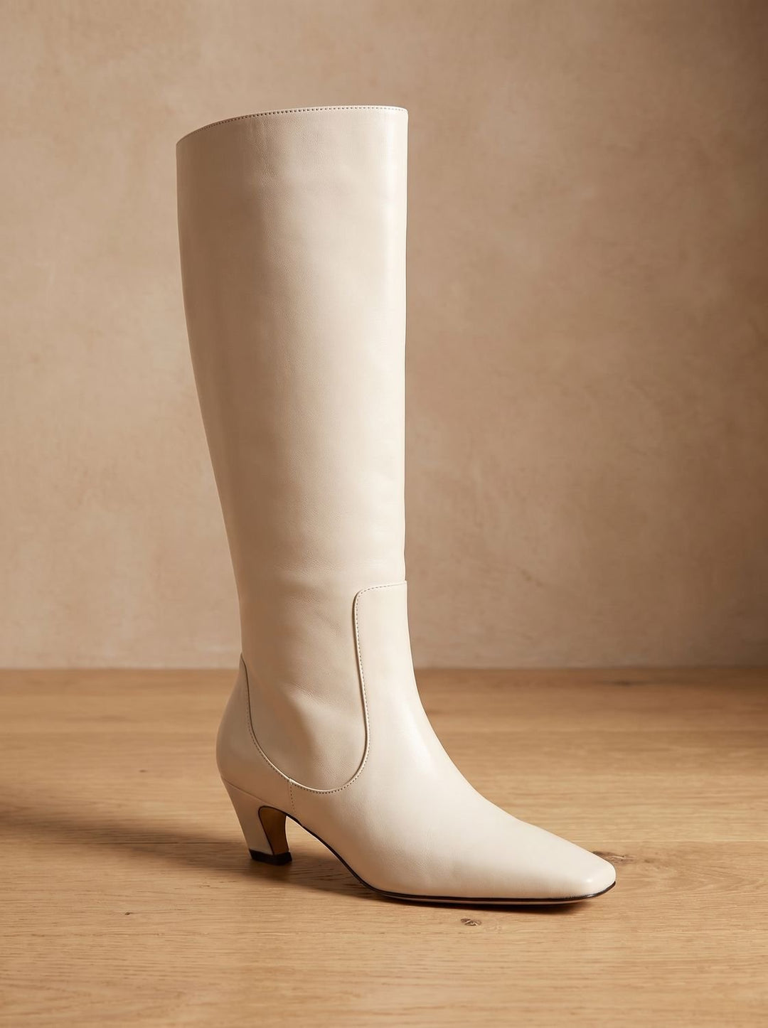 Women's Elegant Knee High Boots Square-Toe Kitten Heel - Off-White
