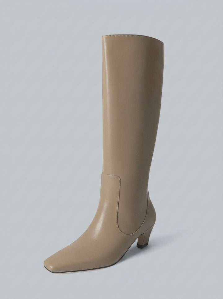 Women's Elegant Knee High Boots Square-Toe Kitten Heel - Khaki