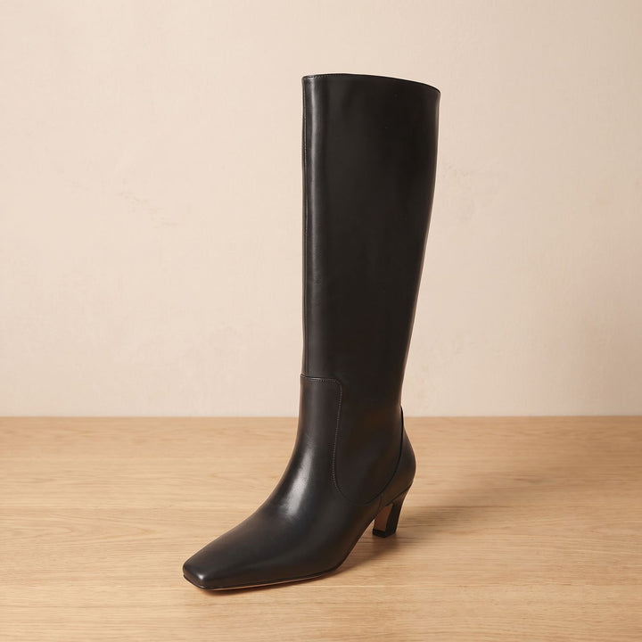 Women's Elegant Knee High Boots Square-Toe Low Heel - Black