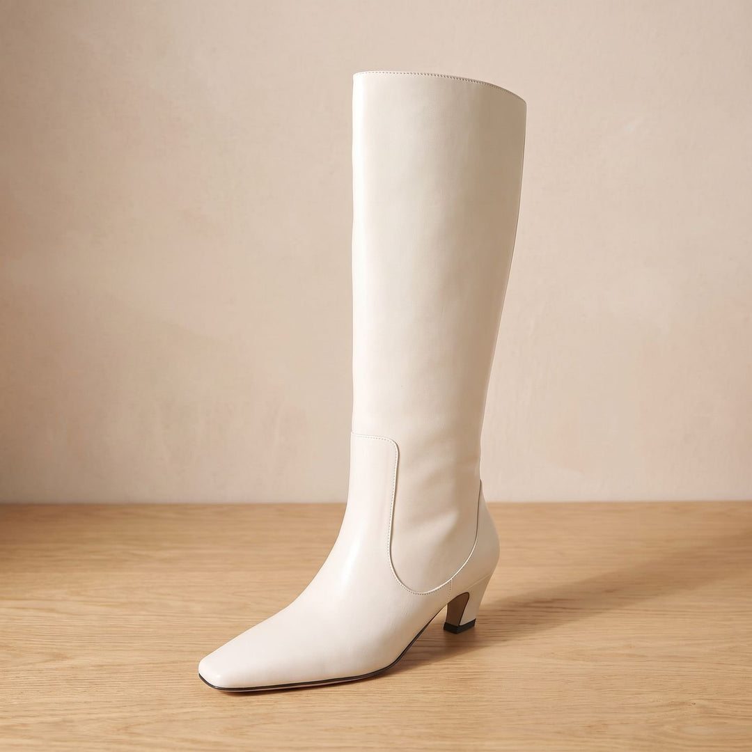 Women's Elegant Knee High Boots Square-Toe Low Heel - Off-White