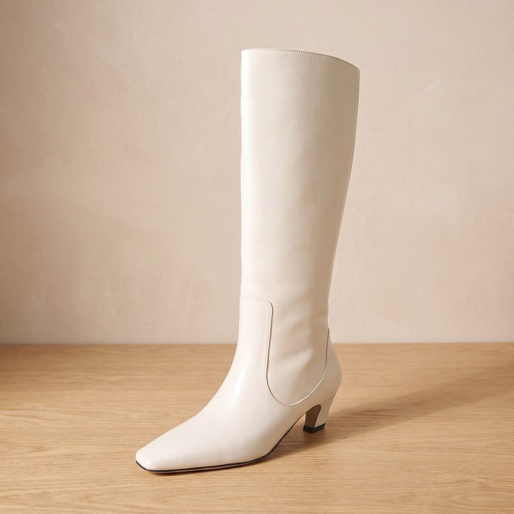 Women's Elegant Knee High Boots Square-Toe Low Heel - Off-White