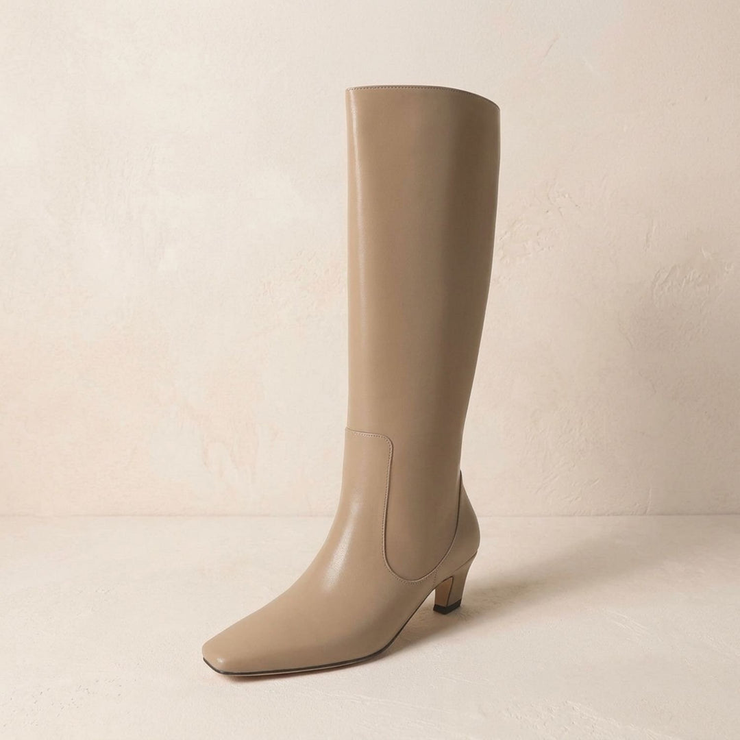 Women's Elegant Knee High Boots Square-Toe Low Heel - Khaki