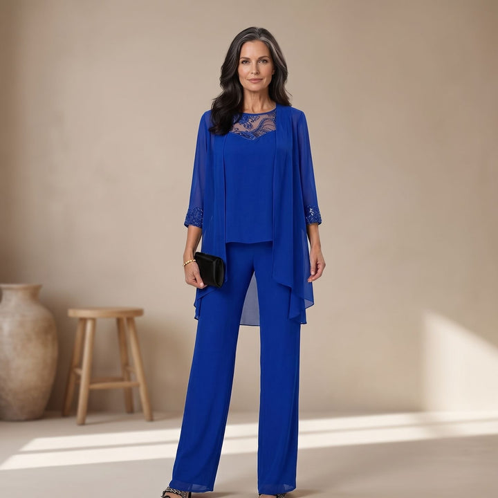Women's Elegant Lace-Trim Chiffon Three-Piece Formal Pantsuit Set - Blue