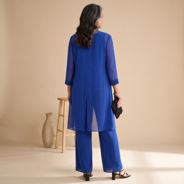 Women's Elegant Lace-Trim Chiffon Three-Piece Formal Pantsuit Set