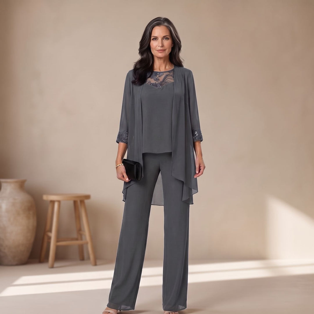 Women's Elegant Lace-Trim Chiffon Three-Piece Formal Pantsuit Set - Gray