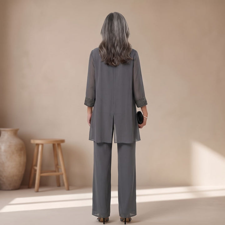 Women's Elegant Lace-Trim Chiffon Three-Piece Formal Pantsuit Set