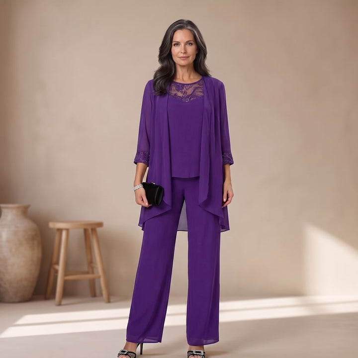 Women's Elegant Lace-Trim Chiffon Three-Piece Formal Pantsuit Set - Purple